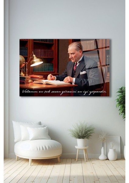 Atatürk Portresi Vatanını En Çok Seven Görevini Cam Tablo Iş Ofis Makam Odası Hediyelik Tablo