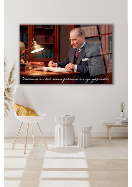 Atatürk Portresi Vatanını En Çok Seven Görevini Cam Tablo Iş Ofis Makam Odası Hediyelik Tablo
