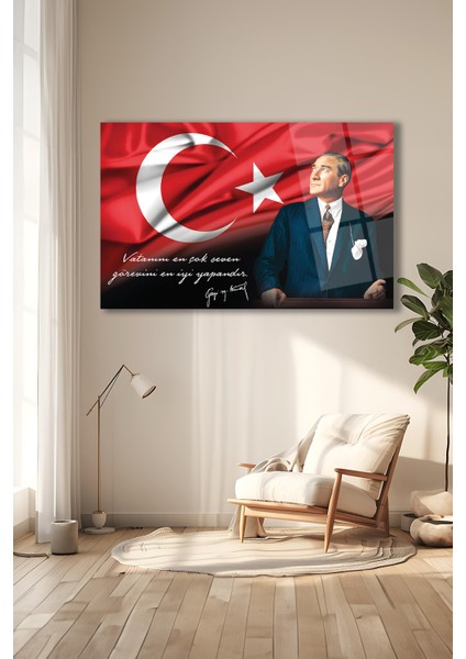 Atatürk Portre ve Türk Bayrağı Yatay Cam Tablo, Modern Duvar Dekoru , Kurum Ofis Iş Hediyelik Tablo