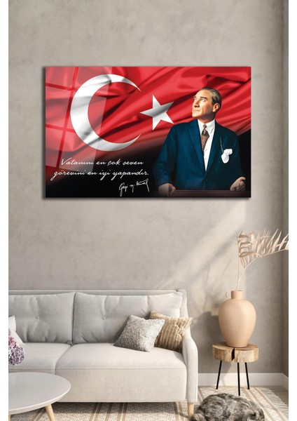 Atatürk Portre ve Türk Bayrağı Yatay Cam Tablo, Modern Duvar Dekoru , Kurum Ofis Iş Hediyelik Tablo fiyatları