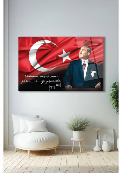 Atatürk Portre ve Türk Bayrağı Yatay Cam Tablo, Modern Duvar Dekoru , Kurum Ofis Iş Hediyelik Tablo modelleri