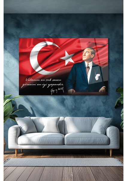 Atatürk Portre ve Türk Bayrağı Yatay Cam Tablo, Modern Duvar Dekoru , Kurum Ofis Iş Hediyelik Tablo fırsatları