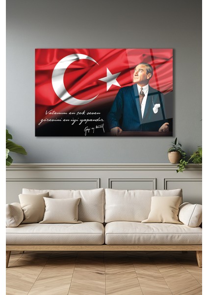 Atatürk Portre ve Türk Bayrağı Yatay Cam Tablo, Modern Duvar Dekoru , Kurum Ofis Iş Hediyelik Tablo
