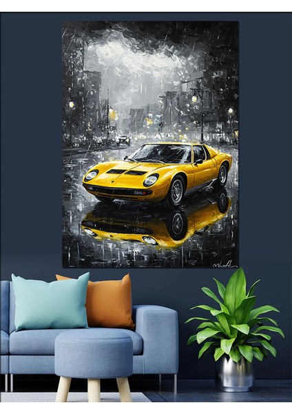 Yağmurlu Şehirde Hızlı Sarı Araba Dekoratif Kanvas - Mdf Ahşap Tablo