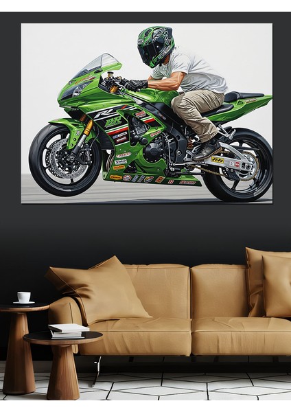 Yeşil Spor Motosikletli Motorcu Dekoratif Kanvas - Mdf Ahşap Tablo