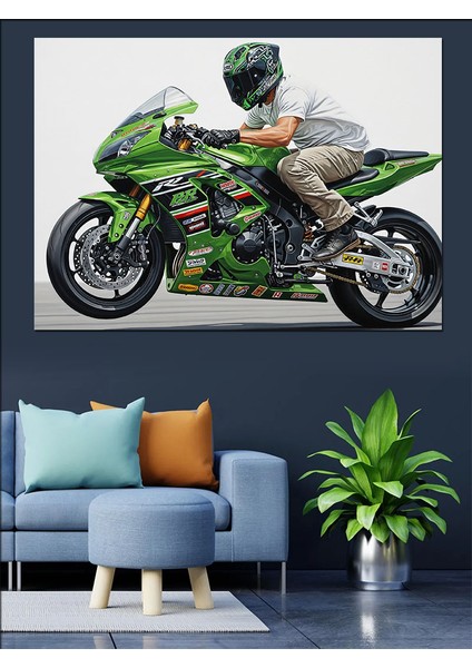 Yeşil Spor Motosikletli Motorcu Dekoratif Kanvas - Mdf Ahşap Tablo fiyatları