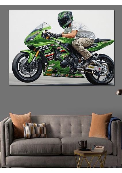 Yeşil Spor Motosikletli Motorcu Dekoratif Kanvas - Mdf Ahşap Tablo modelleri