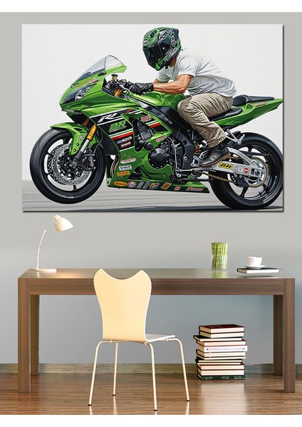Yeşil Spor Motosikletli Motorcu Dekoratif Kanvas - Mdf Ahşap Tablo fırsatları