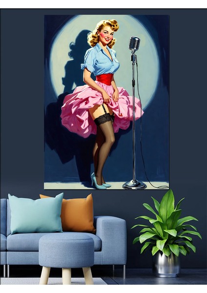 Mikrofonlu Şarkıcı Retro Kadın Dekoratif Kanvas - Mdf Ahşap Tablo