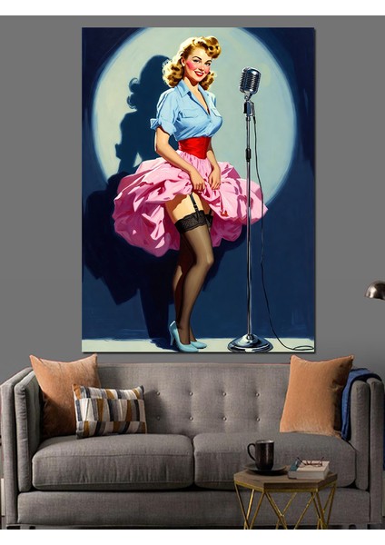 Mikrofonlu Şarkıcı Retro Kadın Dekoratif Kanvas - Mdf Ahşap Tablo fiyatları