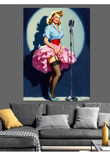 Mikrofonlu Şarkıcı Retro Kadın Dekoratif Kanvas - Mdf Ahşap Tablo modelleri