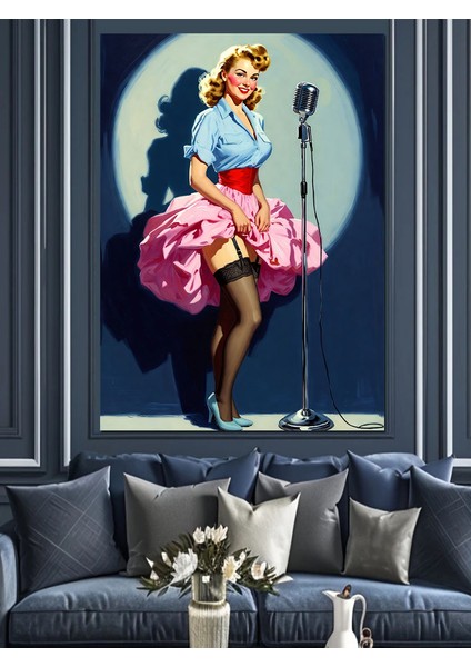 Mikrofonlu Şarkıcı Retro Kadın Dekoratif Kanvas - Mdf Ahşap Tablo fırsatları