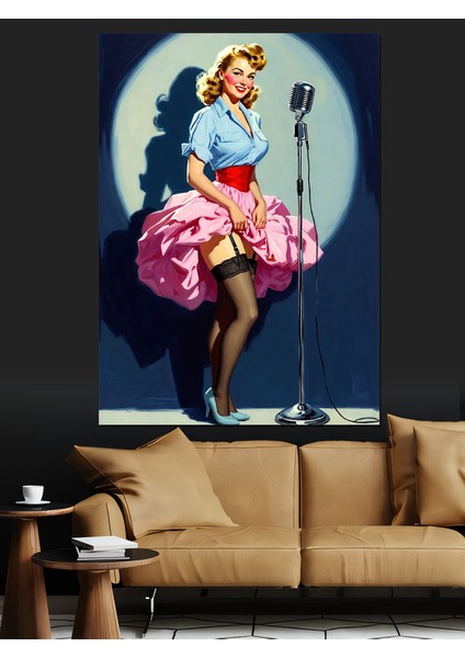 Mikrofonlu Şarkıcı Retro Kadın Dekoratif Kanvas - Mdf Ahşap Tablo indirimleri