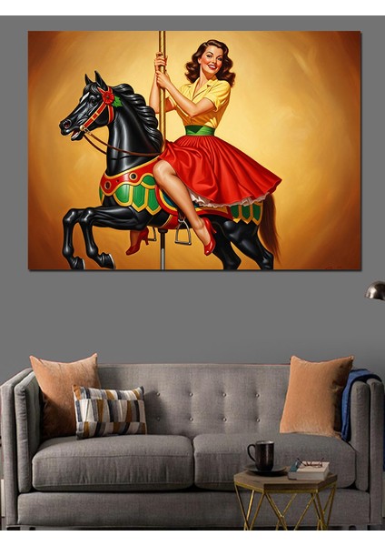 Atlı Karıncaya Binen Retro Kız Dekoratif Kanvas - Mdf Ahşap Tablo