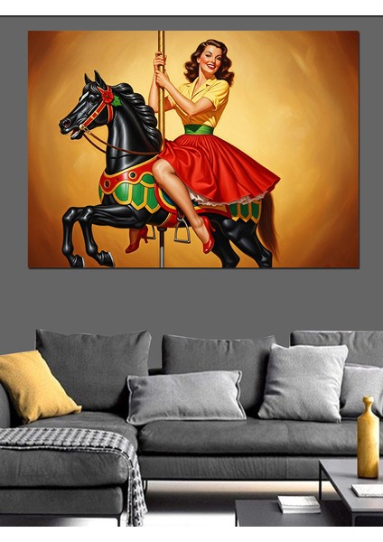 Atlı Karıncaya Binen Retro Kız Dekoratif Kanvas - Mdf Ahşap Tablo modelleri