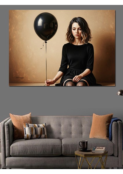 Siyah Balon Tutan Karamsar Kadın Dekoratif Kanvas - Mdf Ahşap Tablo