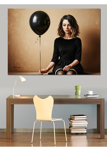 Siyah Balon Tutan Karamsar Kadın Dekoratif Kanvas - Mdf Ahşap Tablo fiyatları