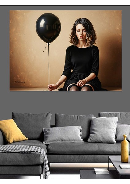 Siyah Balon Tutan Karamsar Kadın Dekoratif Kanvas - Mdf Ahşap Tablo modelleri