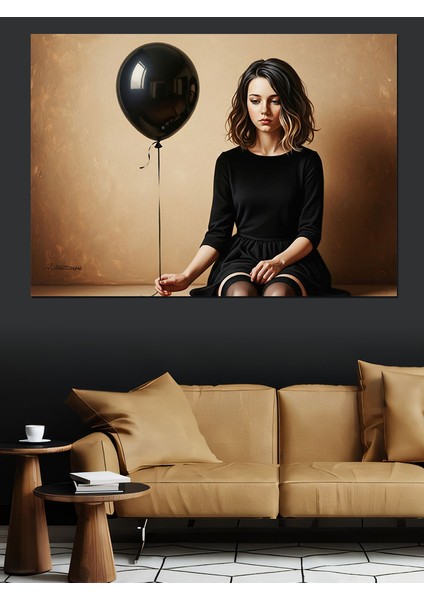Siyah Balon Tutan Karamsar Kadın Dekoratif Kanvas - Mdf Ahşap Tablo fırsatları
