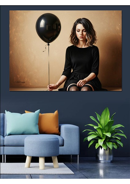 Siyah Balon Tutan Karamsar Kadın Dekoratif Kanvas - Mdf Ahşap Tablo indirimleri