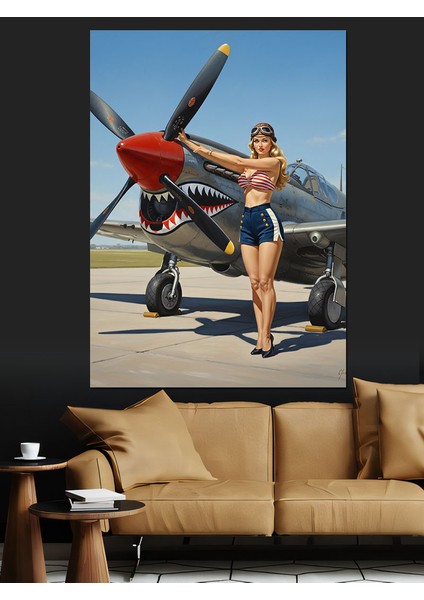 Uçak Yanında Pin-Up Kız Dekoratif Kanvas - Mdf Ahşap Tablo fiyatları
