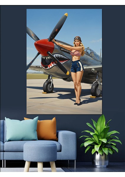 Uçak Yanında Pin-Up Kız Dekoratif Kanvas - Mdf Ahşap Tablo modelleri