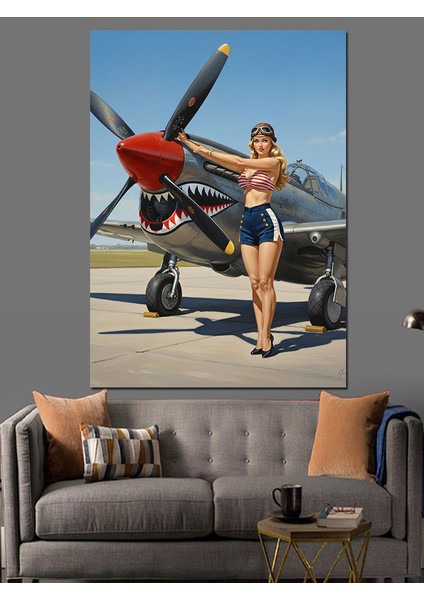 Uçak Yanında Pin-Up Kız Dekoratif Kanvas - Mdf Ahşap Tablo fırsatları