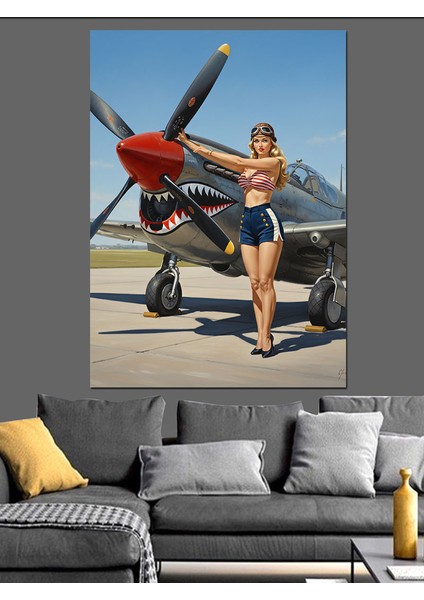 Uçak Yanında Pin-Up Kız Dekoratif Kanvas - Mdf Ahşap Tablo indirimleri