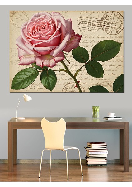 Pembe Gül Eski Mektup Fonlu Romantik Dekoratif Kanvas - Mdf Ahşap Tablo