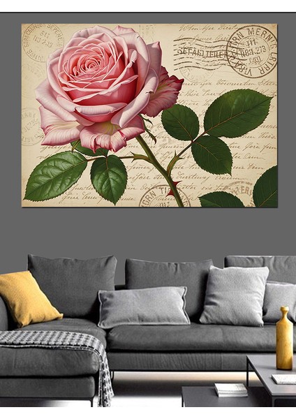 Pembe Gül Eski Mektup Fonlu Romantik Dekoratif Kanvas - Mdf Ahşap Tablo fiyatları