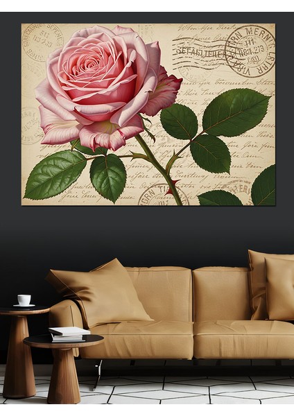 Pembe Gül Eski Mektup Fonlu Romantik Dekoratif Kanvas - Mdf Ahşap Tablo modelleri