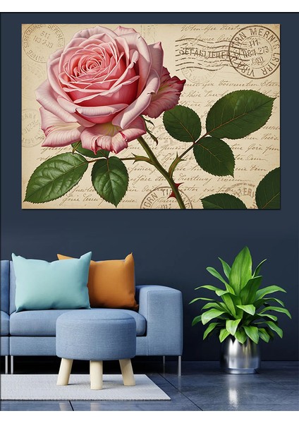 Pembe Gül Eski Mektup Fonlu Romantik Dekoratif Kanvas - Mdf Ahşap Tablo fırsatları