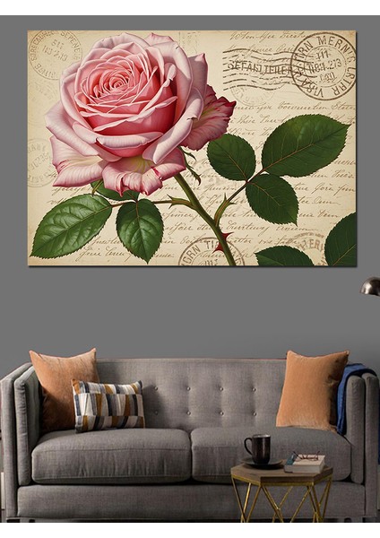 Pembe Gül Eski Mektup Fonlu Romantik Dekoratif Kanvas - Mdf Ahşap Tablo indirimleri