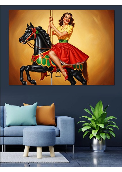 Atlı Karıncaya Binen Retro Kız Dekoratif Kanvas - Mdf Ahşap Tablo indirimleri