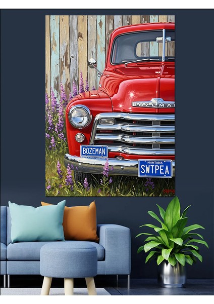 Antika Kırmızı Kamyonet Dekoratif Kanvas - Mdf Ahşap Tablo