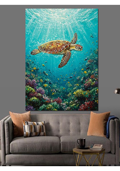 Deniz Kaplumbağası Sualtı Hayvan Dekoratif Kanvas - Mdf Ahşap Tablo