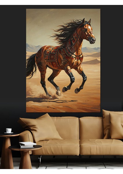 Hızlı Koşan Kahverengi At Dekoratif Kanvas - Mdf Ahşap Tablo