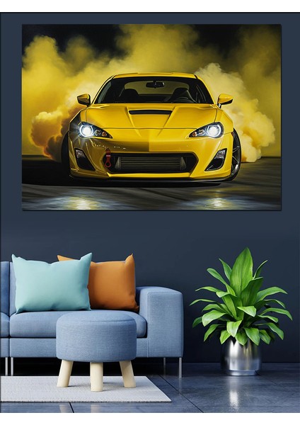 Dumanlı Sarı Spor Araba Dekoratif Kanvas - Mdf Ahşap Tablo fiyatları