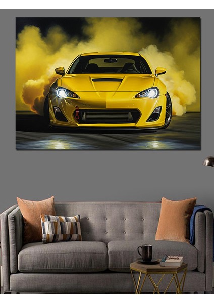 Dumanlı Sarı Spor Araba Dekoratif Kanvas - Mdf Ahşap Tablo modelleri