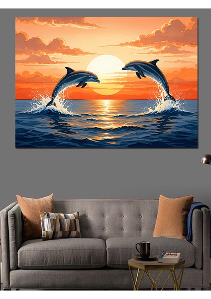 Gün Batımında Zıplayan Yunuslar Dekoratif Kanvas - Mdf Ahşap Tablo modelleri