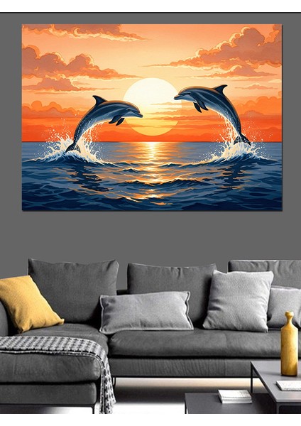 Gün Batımında Zıplayan Yunuslar Dekoratif Kanvas - Mdf Ahşap Tablo indirimleri