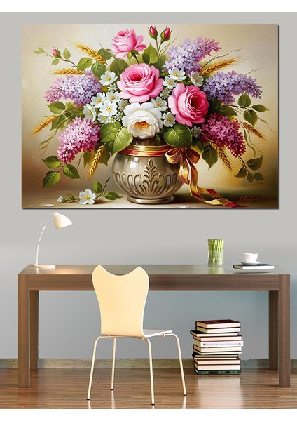 Vintage Vazo Içindeki Renkli Çiçekler Romantik Dekoratif Kanvas - Mdf Ahşap Tablo