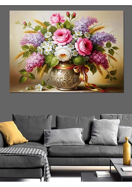 Vintage Vazo Içindeki Renkli Çiçekler Romantik Dekoratif Kanvas - Mdf Ahşap Tablo fiyatları