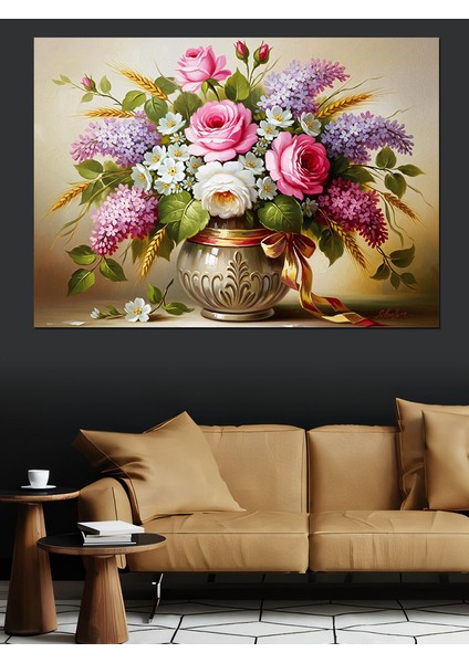Vintage Vazo Içindeki Renkli Çiçekler Romantik Dekoratif Kanvas - Mdf Ahşap Tablo modelleri