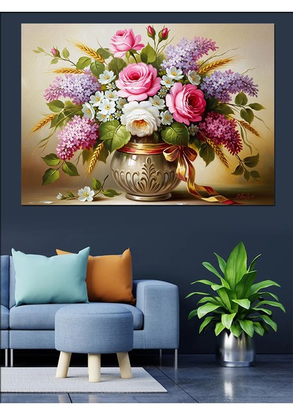Vintage Vazo Içindeki Renkli Çiçekler Romantik Dekoratif Kanvas - Mdf Ahşap Tablo fırsatları