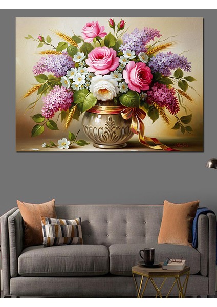 Vintage Vazo Içindeki Renkli Çiçekler Romantik Dekoratif Kanvas - Mdf Ahşap Tablo indirimleri