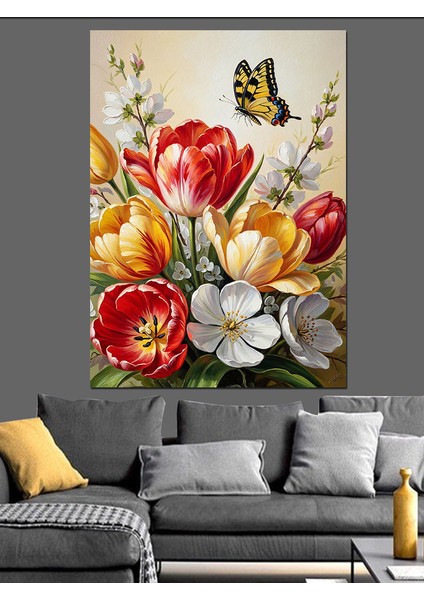 Lale Kelebek Bahar Çiçekleri Dekoratif Kanvas - Mdf Ahşap Tablo
