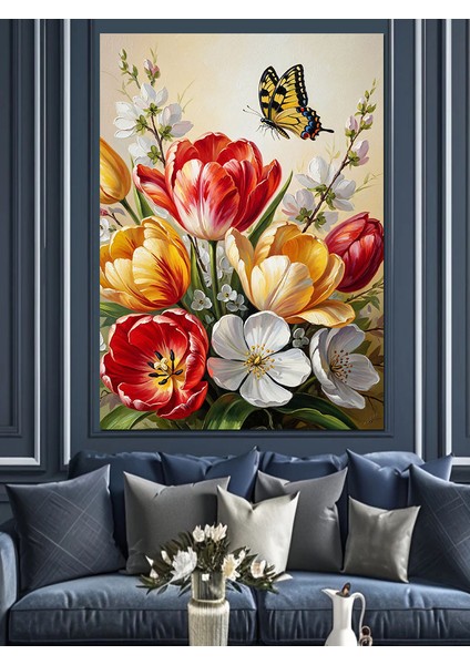 Lale Kelebek Bahar Çiçekleri Dekoratif Kanvas - Mdf Ahşap Tablo fiyatları