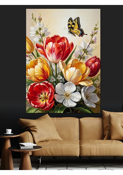 Lale Kelebek Bahar Çiçekleri Dekoratif Kanvas - Mdf Ahşap Tablo modelleri