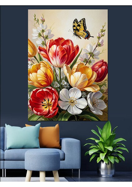 Lale Kelebek Bahar Çiçekleri Dekoratif Kanvas - Mdf Ahşap Tablo fırsatları